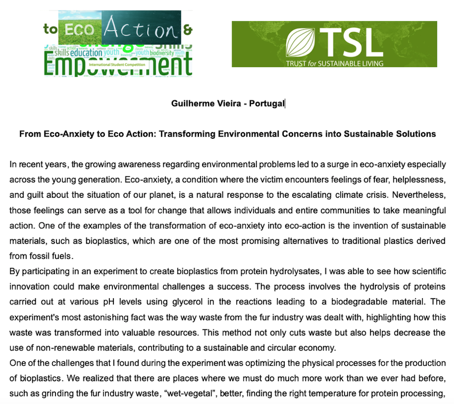 Participação no TSL 2025 International Student Competition 'ECO-ANXIETY' - Trust for Sustainable Living, com um Essay sobre o projeto